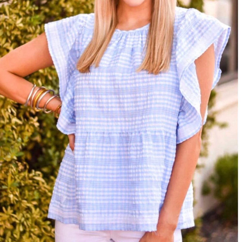 Light Blue Gingham Ruffle Sleeve Blouse